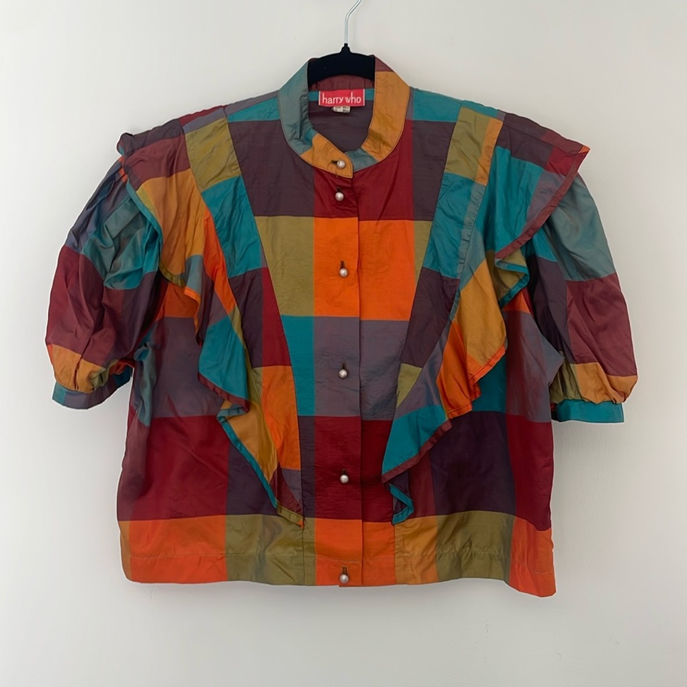 Amazing Harry Who Vintage Check Plaid Jacket Blouse Shirt 100% Silk Size M